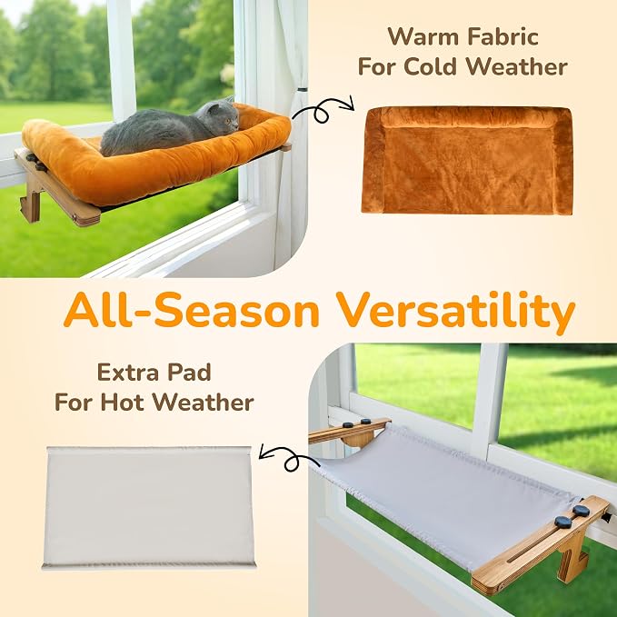 [Ready to Gift] PURRHOUSE 45LBS Cat Window Perch with Bolster, Hammock Seat with Plywood & Metal Frame, Cat Bed for Windowsill, Bedside and Cabinet (Natural Wood & Brown Cushion, 24.8''W x 9.4''H) - Image 6