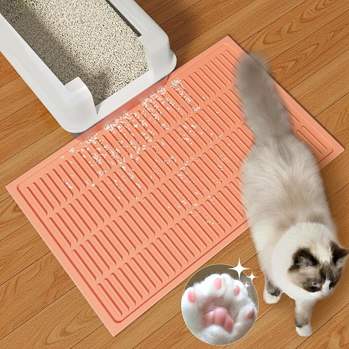 Easy Clean Litter Mat: 24" X 15" Silicone Groove Design Litter Trapping Mat Easy to Vacuum & Rinse - Waterproof Urineproof Surface for Floor - Non-Slip Backing for Kittens (Peach Pink) by PetNova