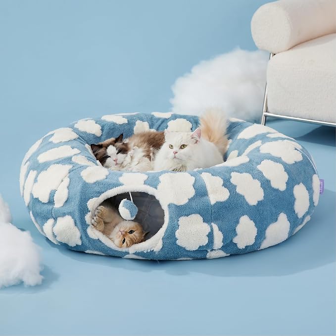 Lesure Donut Cute Jacquard Large Cat Tunnel Bed Kitten Toys for Dog Bunny | 39.5x39.5x10in,Round Large Cat Bed Tube for Multi Kittens,Pet Peekaboo Cave Toy,Spiral Hideaway,Washable Cushion,Blue - Image 6