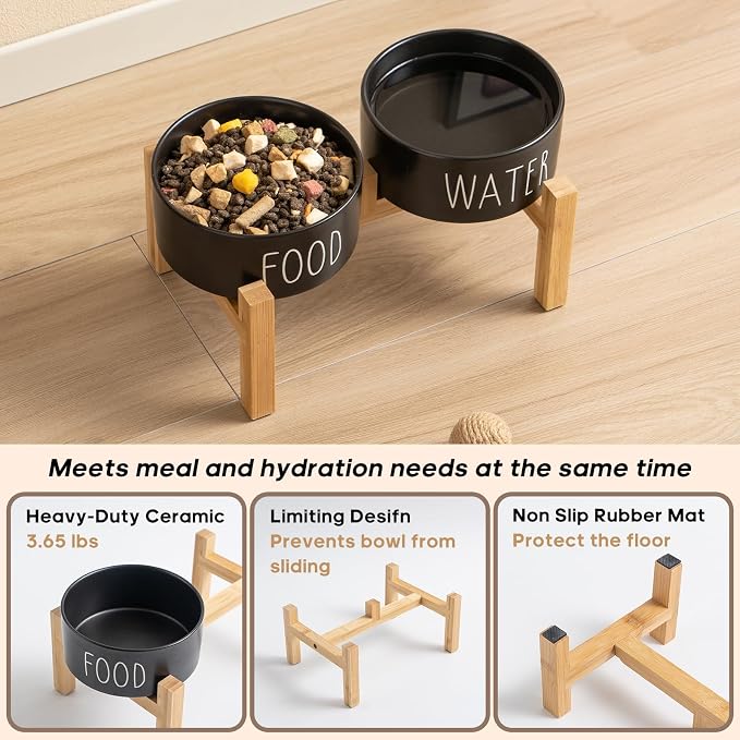 Elevated Ceramic Dog Bowls Set - Food & Water Lettering Raised Dog Bowl with Non-Slip Bamboo Stand for Cats and Small Dogs, Weighted Dogs Dishes Pet Bowls (5.1 inch, 2 * 16oz, Black) - Image 5