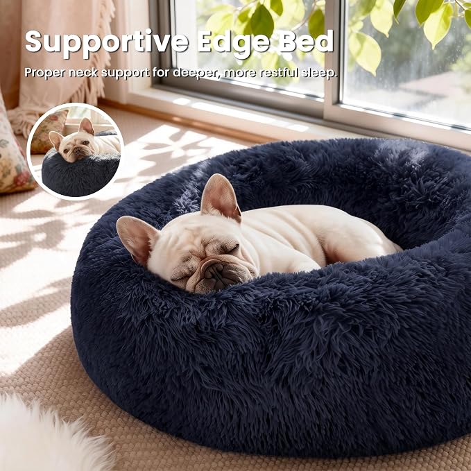 Love's cabin Calming Cat Bed for Indoor Cats, Anti-Anxiety Donut Round Dog Bed, Fluffy Faux Fur Washable Pet Bed for Small Medium Dogs and Cats, Navy, 24in - Image 2