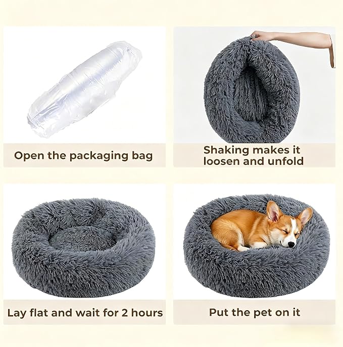 Calming Donut Dog and Cat Bed for Indoor Cats, Anti-Anxiety Round Fluffy Soft Washable Small Pet Bed for Puppy and Kitten, Warming Comfortable Luxury Anti-Slip Waterproof Mute Base 20in Dark Gray - Image 7
