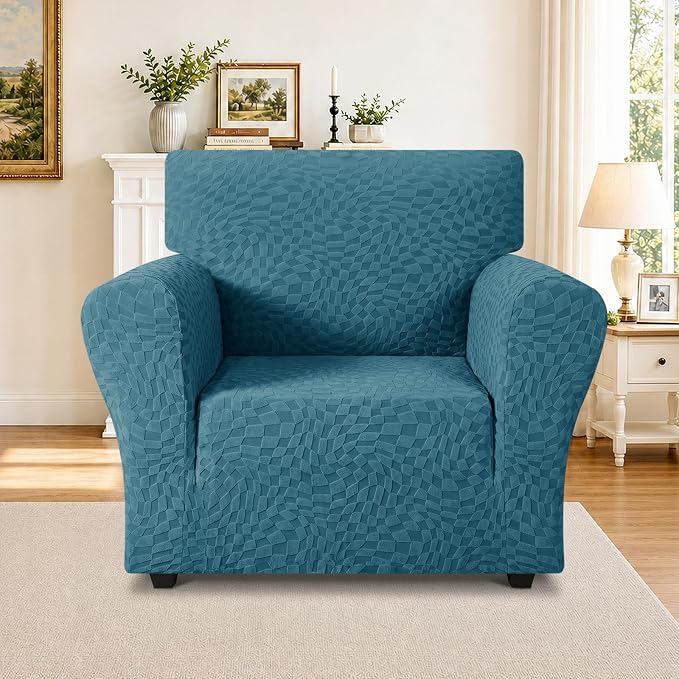 ZNSAYOTX 1 Piece Stretch Chair Cover with Arms (34"-44"), New Plaid Armchair Cover with Elastic Band for Living Room, Ultimate Soft Cozy Washable Chair Slipcover Form Fit Protector, Teal - Image 2
