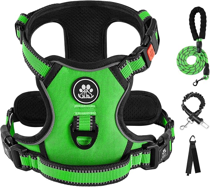 IVY&LANE No Pull Dog Harness for Large Dogs, Dog Vest Harness with Leash, Safety Belt and Storage Strap, Fully Adjustable Harness, 360° Reflective Strip, Soft Handle (Green, XL) by IVYLANE