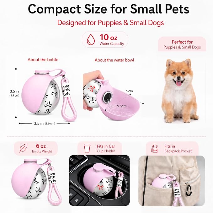 Portable Dog Water Bottle for Walking, 10oz Stainless Steel Pet Water Dispenser with Foldable Silicone Bowl, Leak-Proof Puppy Water Bottle for Small Dogs&Cats,Travel Hiking Outdoor Use(Pink Bow Print) - Image 4