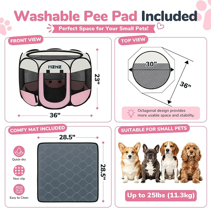 Dog Cat Small Animal Puppy Playpen Crate with Pee Pad, Medium, Pink | Portable Pop Up Pet Cage Enclosure Tent Kennel Indoor Outdoor with Carrying Case, No Assembly, Camping Use - Image 2