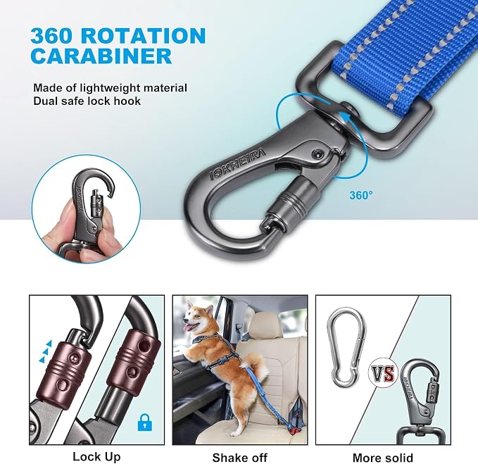 IOKHEIRA Dog Seat Belt 3-in-1 Car Harness for Pets Adjustable Safety Seatbelt Nylon Reflective Bungee Fabric Dog Car Harness with Clip Hook Latch & Buckle, Swivel Zinc Alloy Carabiner (Bule) - Image 3