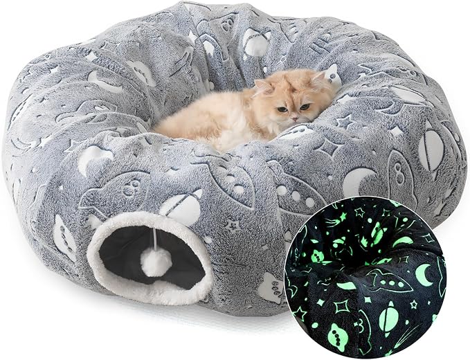 Large Cat Tunnels Bed Tube for Indoor Cats Under Christmas Tree Glows in The Dark Cat Tunnel with Cushion and Plush Ball Toy Longer Playground Toys for Dog Puppy Kitten Pet Gray by Unknown