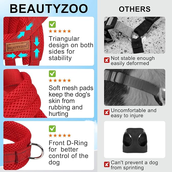 BEAUTYZOO Dog Harness Medium Sized and Leash Set, No Pull Step in Pet Vest | Breathable Mesh with Handle, Reflective, Adjustable No Choke Escape Proof, Lightweight, Easy Control for Walking, Red M - Image 7