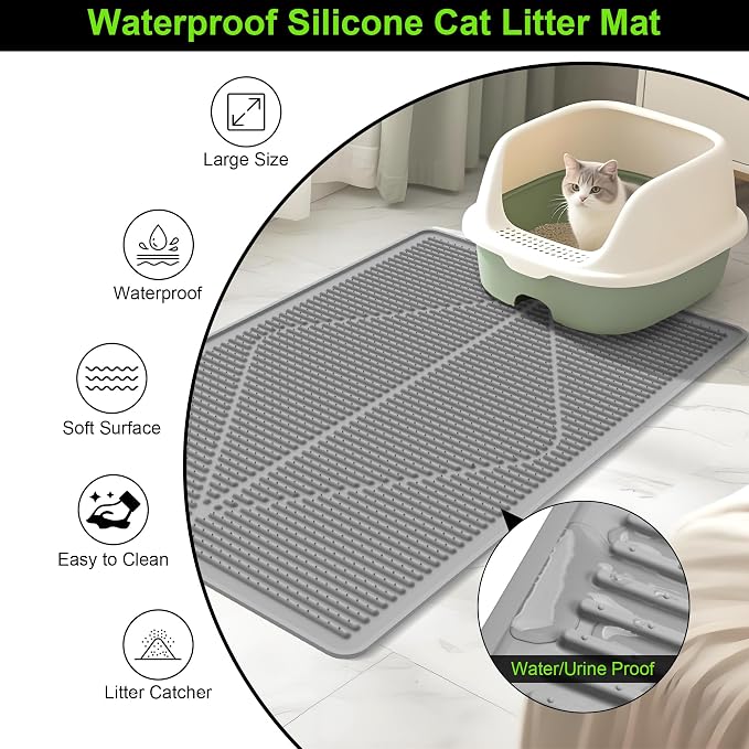 Mofason Cat Litter Mat Litter Trapping Mat XXL Grey Silicone Litter Box Mat | Waterproof 38"x25" kitty litter mat for floor; extra large litter trapping, litter matt for cat litterbox easy clean pet mat - Image 4
