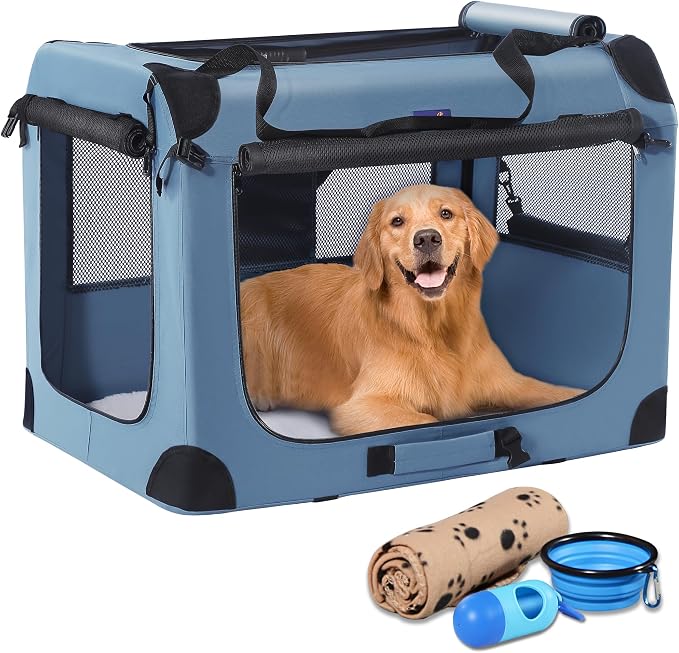 Petprsco Collapsible Dog Crate, 40 inch Portable Dog Crates for Large Dogs | Large Soft Foldable Dog Crate & Kennel for Travel, 3-Door with Sturdy Steel Frame & Durable Mesh Windows, Indoor/Outdoor by Petprsco