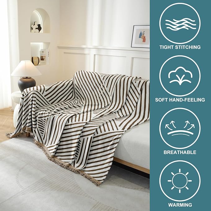 Couch Cover for Sofa, Boho Sofa Cover Washable Couch Cover for Dogs, Pet Sofa Cover for 3-Cushion Couches with Tassel Furniture Protector Cover,71" x 150",Dark Coffee-Line - Image 3