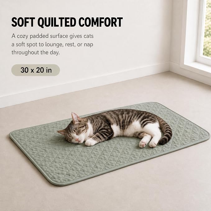 2-Pack Washable Cat Litter Mats, 30 x 20 in, Sage Green/Grey | Absorbent quilted layers with PU barrier, paw-print silicone grip, 2 pockets and 6 empty cotton pouches; catnip not included. - Image 4