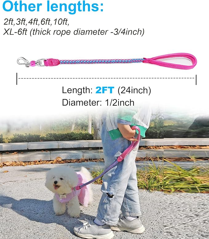 Reflective Dog Leash 2/3/4/6/10ft Braided 1/2" Strong Nylon Rope | 2FT Pink Dog Leash for Large Medium Small Dogs Walking Training Leads - Image 2