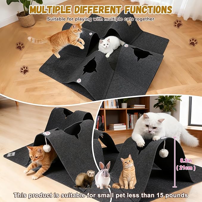 35.4" Cat Tunnels for Indoor Cats, Multi-Entrance Cat Toys, Grey | 4 Way Felt Interactive Pet Toy with Hidden Ball, Enrichment Activity Rug, Collapsible Cave for Kittens & Small Pets - Image 2