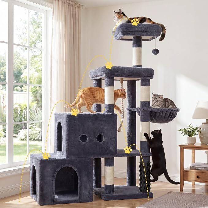 Hey-brother Cat Tree Tower with Steped Climbing Condos, Platforms, MPJ061G | 51.2 Inches Scratching Posts with 2 Spacious Condos, Self-Grooming Brush, Cozy Basket, Balls for Indoor Cats, Smoky Gray - Image 8
