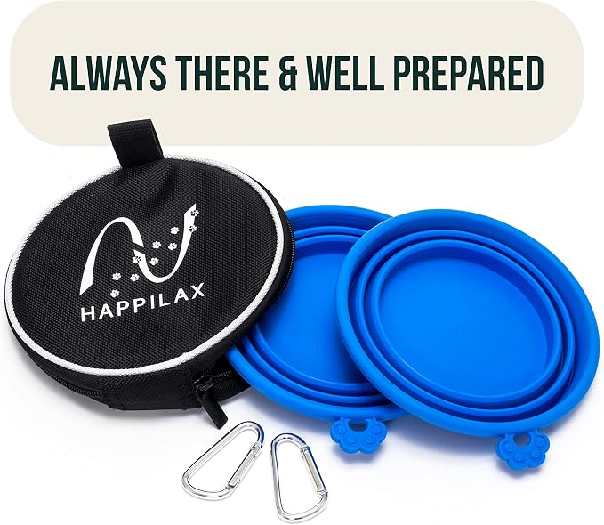 Travel Dog Bowl Set - 2 Foldable Silicone Food and Water Bowls with Carabiners and Bag - Collapsible Feeding Bowls for Wet and Dry Food - 680ml Capacity - Available in Black and Blue - Image 7