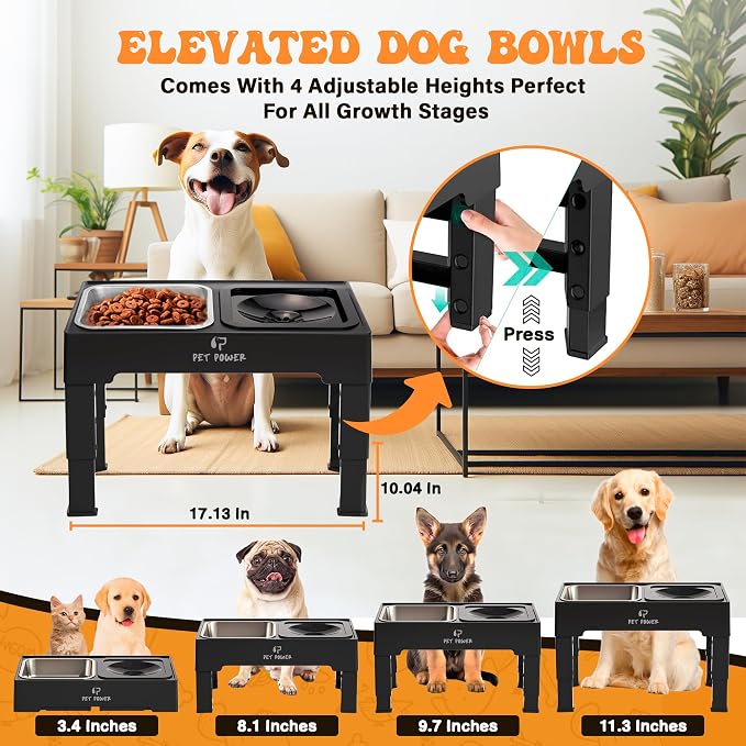 Elevated Dog Bowls, Raised Dog Bowl Stand with 4 Adjustable Heights, Stainless Steel Food Bowl & No-Spill Water Bowl – Dog Bowls Elevated for Small, Medium & Large Dogs - Image 2