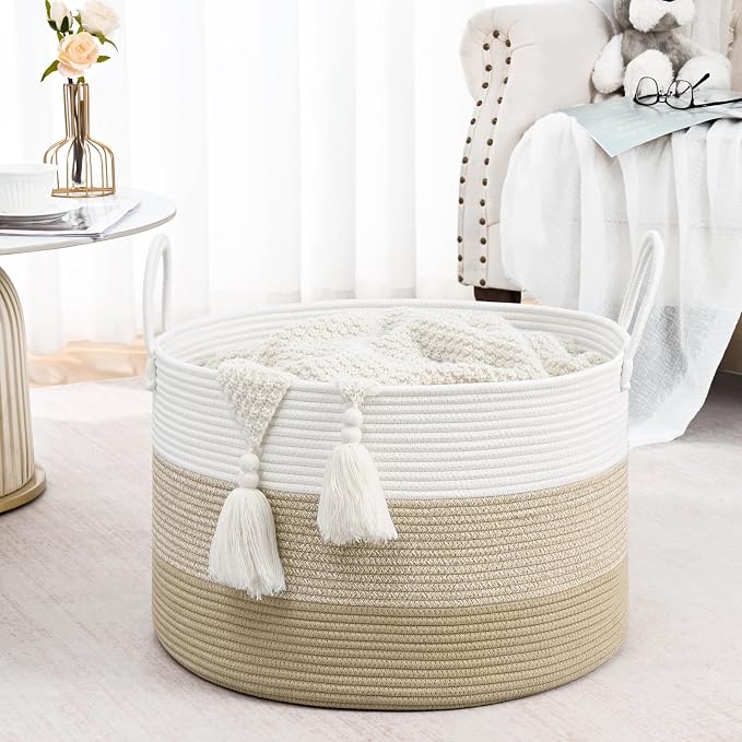 67L Large Woven Blanket Basket, Cotton Rope Baby Laundry Hamper with Handles, Kids Toy Basket for Classroom & Nursery, Soft Round Stuffed Animal Storage, Dog Toy Bin - 20"x13", Gradient Brown - Image 5