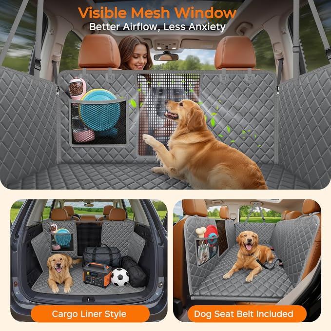 URPOWER Hard Bottom Dog Car Seat Cover, Back Seat Extender for Cars & SUVs | 400 lbs Support, 45% More Space, Waterproof, Mesh Window, Scratch Resistant, Non-Slip, Easy Care, Dog Seat Belt Included - Image 3