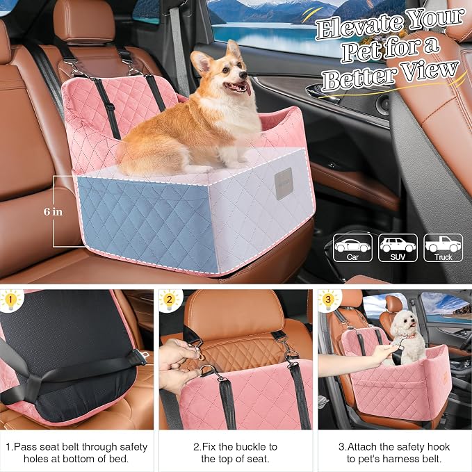 Dog Booster Car Seat for Dogs up to 35lbs, Safety Pet Car Seats with Anti-Slip Bottom, Travel Booster Dog Bed with 2 Storage Pockets (Pink, Medium) - Image 6