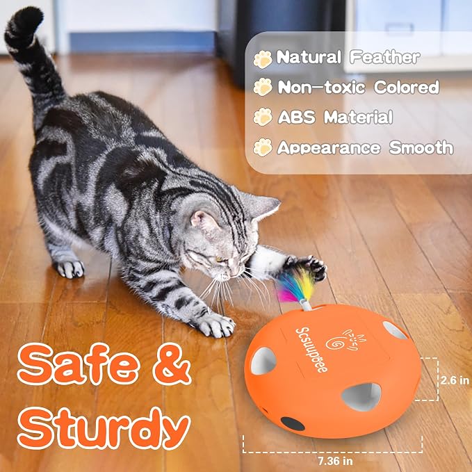 Cat Toys, Rechargeable Interactive Cat Toy, Orange | Smart Sensor Pop-Up Feather Toy with 7 Holes, USB Powered Automatic Kitten Toy for Indoor Cats - Image 2