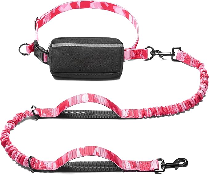 Hands Free Dog Leash with Zipper Pouch, camo Pink, Large | Waist Leash, Dual Padded Handles, Shock-Absorbing Bungee, Adjustable Waist Belt, Walking and Running by iYoShop