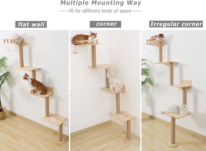 Cat Tree Wall Mounted with 4 Levels Shelves, 73" Wood Corner Tower Inside Kitten Scratching Post for Climbing,Perching and Lounging (Right to Left) - Image 6