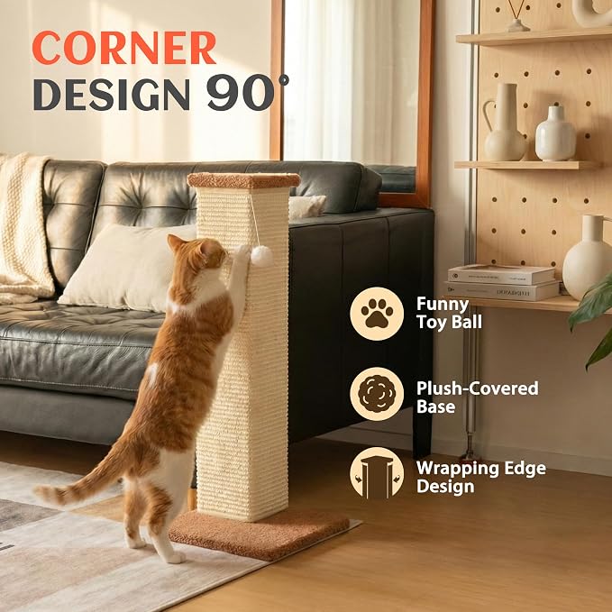 PETKARAY Couch Corner Cat Scratcher, 28.5" Sisal Scratching Post for Indoor Cats, Corner Wall Scratch Pad for Furniture Protection, Plush Base, Large - Image 2