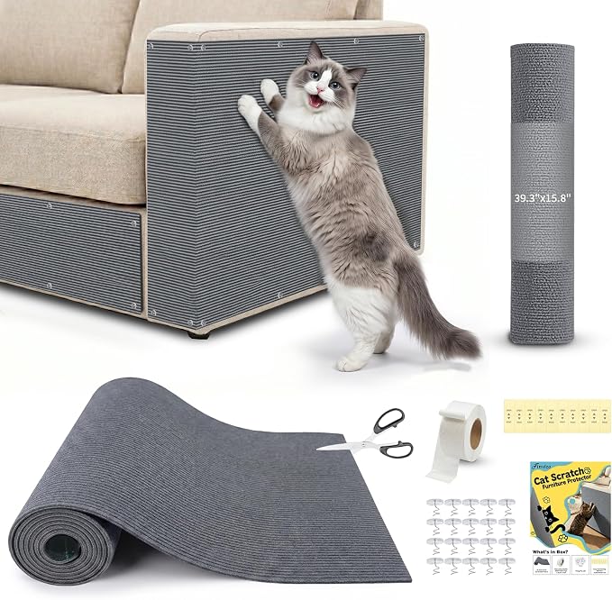 Cat Scratch Furniture Protector: 39.3"x15.8" High Self-Adhesive | Cat Scratch Carpet Trimmable for Couch Scratcher Protector from Claws Scratching Mat Lasts 3-6M 3min Install, Light Gray by Finvizo