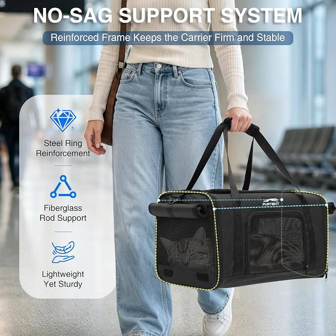 Pet Carrier for Small Dogs & Cats, Airline Approved, Lightweight, Foldable, Comfortable Travel Bag with Plush Cushion & Extra Storage (Black) - Image 2