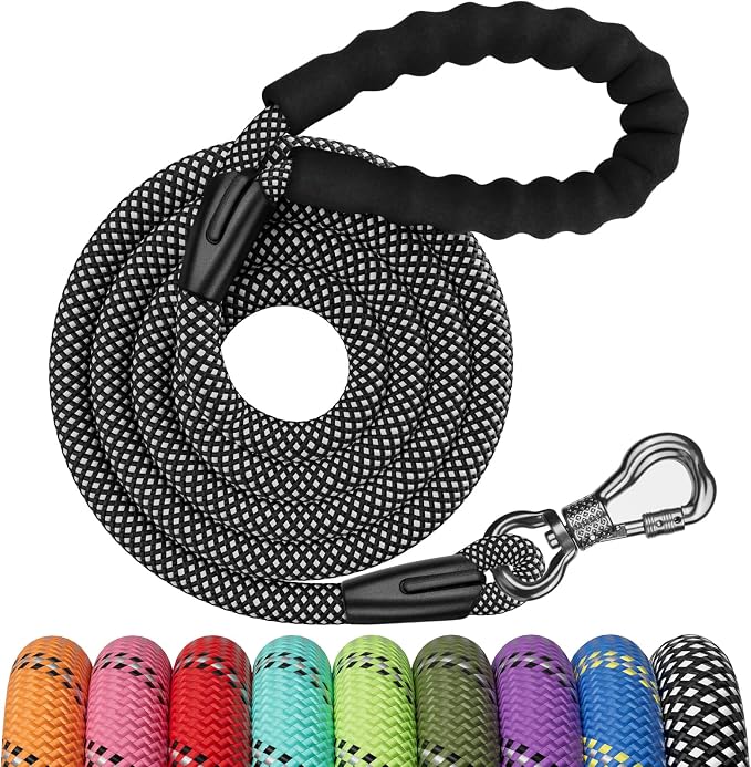 NTR 6FT Training Leash, Purple Rope Leash with Swivel Lockable Hook, Reflective Thread, Padded Handle, Dog Lead line for Walking, Hunting, Camping, Backyard for Small Medium Large Dogs, Black by NTR