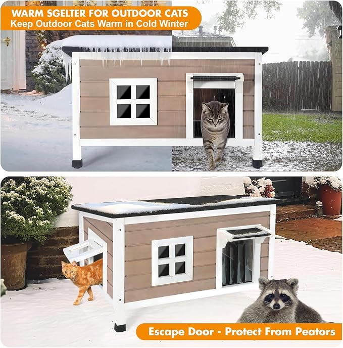 Wooden Heated Cat House for Outside Outdoor Cat House Weatherproof Insulated Feral Cat Shelter with Heater, Built-in Insulated Foam Panel, Elevated Base, Slanting Roof, Large 33.8*20.6*23.8 inches - Image 3