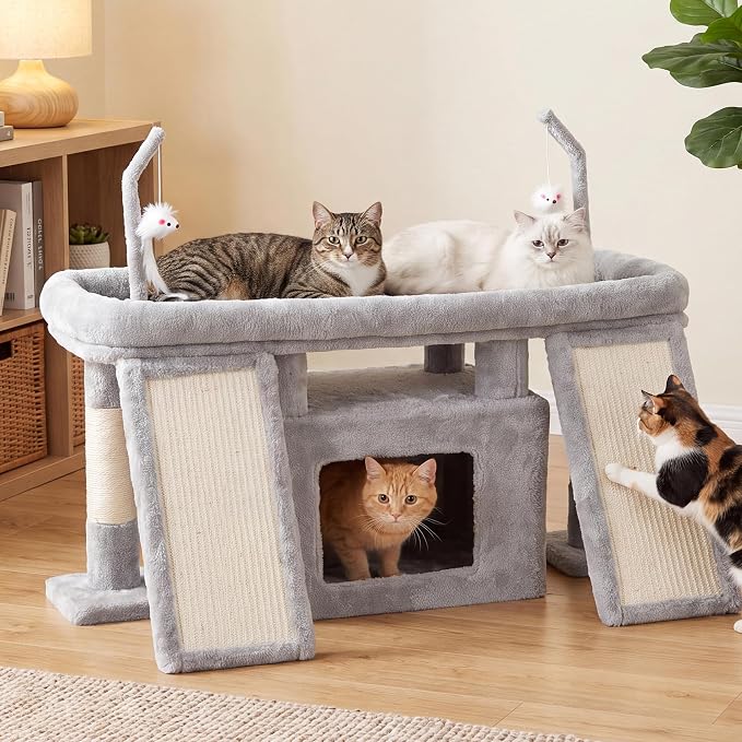 Heybly Cat Tree Extra-Long & Stable 2 Adjustable Scratch Boards HCT210SW | Easy-Climb Cat Tower with Dual-Leg Floor Condo, Sturdy Cat Furniture with Extra Wide Platform & Interactive Toys, Light Gray - Image 8