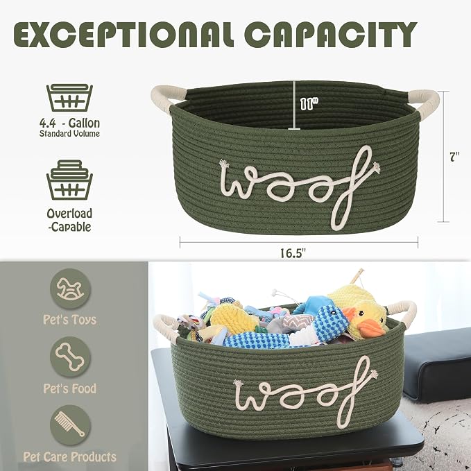 Sea Team Dog Toy Storage Basket with Handles, Green Woof | Large Cotton Rope Storage Bin, Shelf Basket, Organizer for Pet Chew Toys, Foods, 16.5 x 11 x 7 Inches, 4.4 Gallons - Image 2