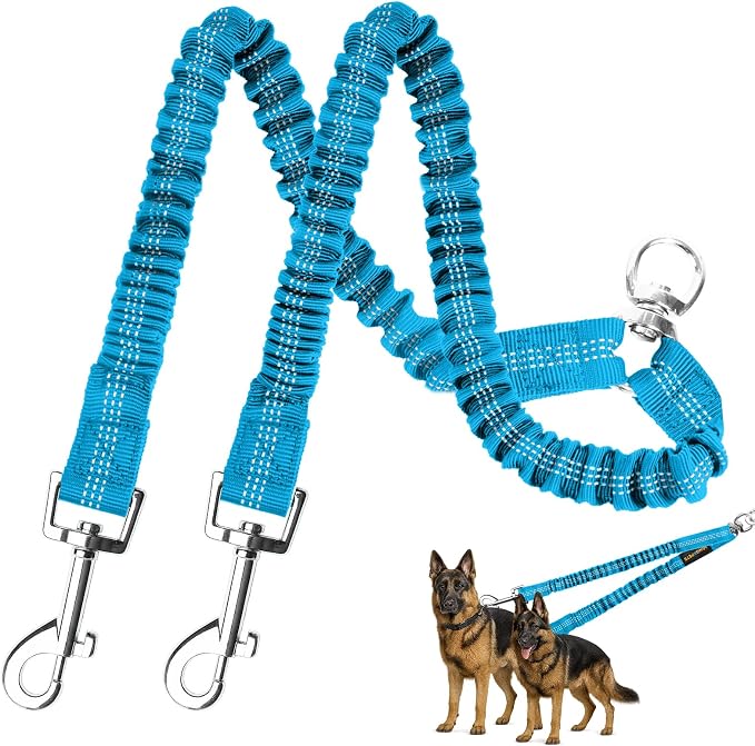 MingXpet 2 Dog Leash, Dog Leash for 2 Dogs, 360° Swivel No Tangle Double Walking Training Leashes for Large Dogs that Pull, Comfortable Shock Absorbing Reflective Bungee, Blue by MingXpets