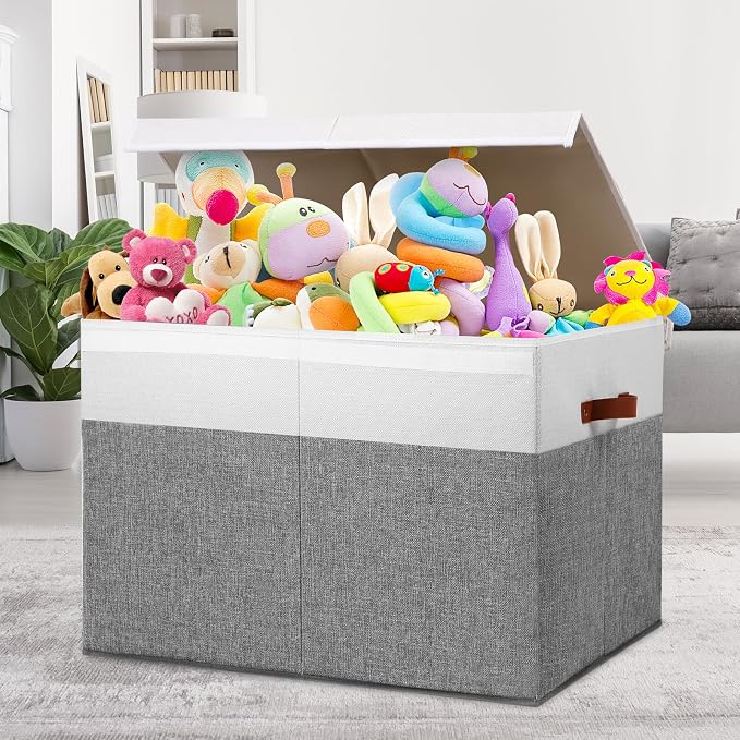 Large Toy Storage Box with Lid, Toy Chest Bin Boxes Basket with Dividers | Sturdy Toy Organizer Bin for Kids, Boys, Girls, Nursery, Living Room, Bedroom, Playroom 26"x17" x17" (Grey and White) - Image 2