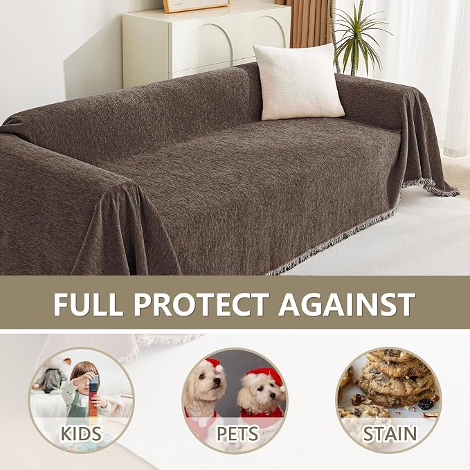 MYSKY HOME Couch Covers for 3 Cushion Couch Sofa, Sectional Couch Cover L Shape Chenille Couch Cushion Covers for Pets, Furniture Protector Cover for Dogs, Kids, 91"X150", Deep Chocolate - Image 3