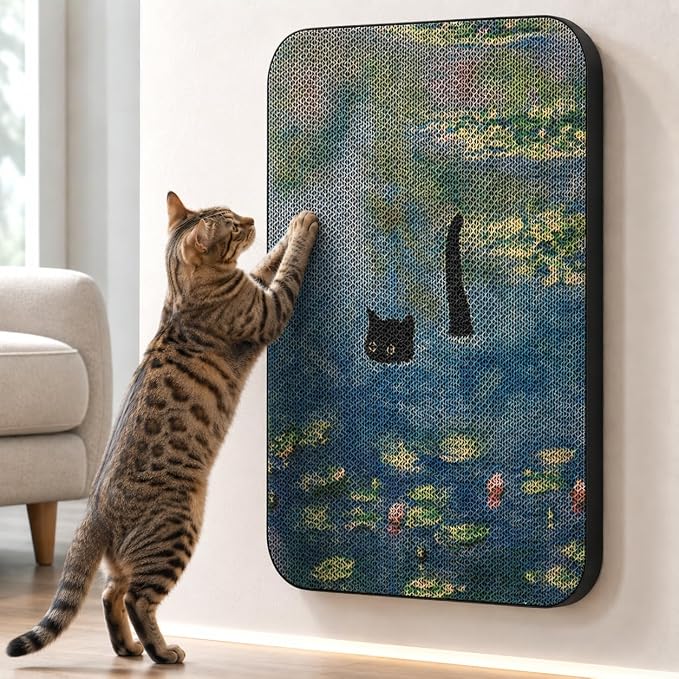 Cat Wall Scratcher, Art Cat Scratching Board for Indoor Cats | Wall Mounted Cat Scratch Pad, Water-Based Ink, Hook&Loop Strips, Floor or Wall Use, 16.7x11x1 Inch, Water Lily Pond by LESISSMER