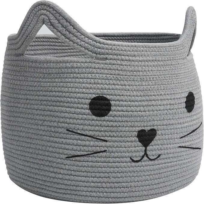 Large Woven Rope Cat Toy Basket with Cat Face Design, Grey | 15.7" x 11.8" Toy Bin & Box for Living Room Nursery, Baby Storage Basket for Towels, Blankets, with Sturdy Handles by HiChen