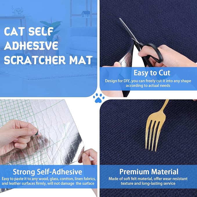 LSGCQ Cat Scratch Mat Self Adhesive Cat Scratch Furniture Protector | Self Adhesive Cat Scratching Mat Replacement for Cat Tree Post Couch Wall Furniture Protector (78.7" x 15.8", Dark Blue) - Image 3