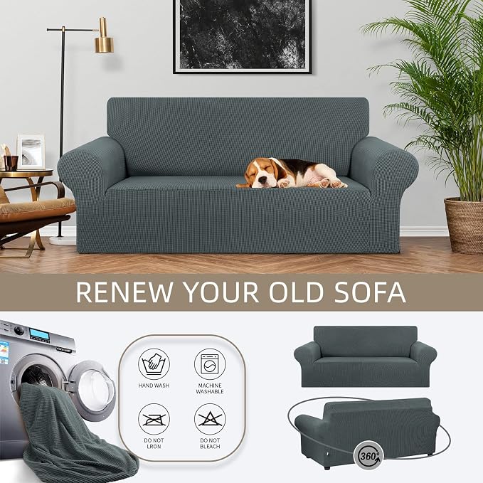 KEKUOU Stretch Loveseat Couch Cover, 2 Cushion Couch Slipcover,Grey | 1-Piece Washable Sofa Cover Pet Friendly (55"-78") Furniture Protector Soft Jacquard, Elastic Bottom for Dogs & Kids - Image 3