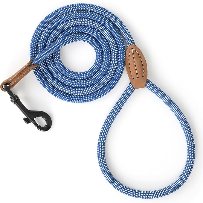 Mile High Life Dog Leash with Genuine Leather-Wrapped Ends, 4/5/6FT | Tangle-Free 360° Swivel Clasp Heavy Duty Rope Leash | Small Medium Large Dogs | Daily Walking (Blue White, 60 Inch, 1/3") by MileHighLife