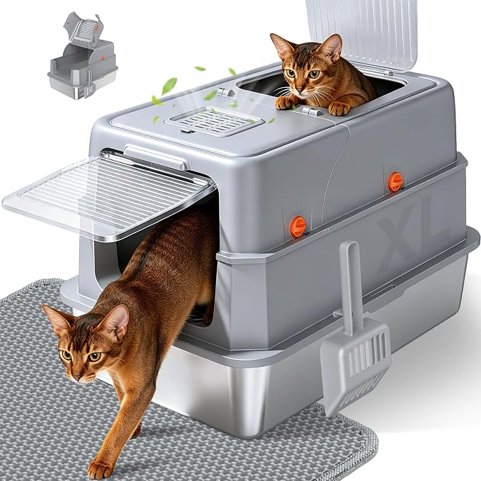 Enclosed Stainless Steel Litter Box, XL Covered MetalPan Includes Mat Scoop | Easy Cleaning Anti-Urine Leakage Non-Sticky Front Entry Top Exit by KISENG
