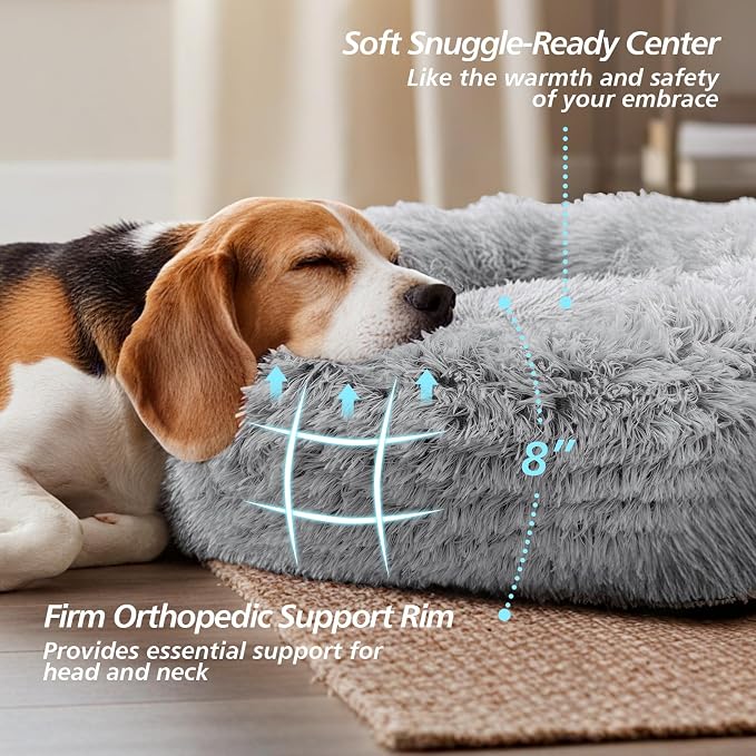 JOLLYVOGUE Calming Dog Bed for Small Dogs - 23 inches Donut Washable Small Dog Bed for Kittens & Puppies, Anti-Slip Round Fluffy Plush Faux Fur Cat Beds (Fits up to 25 lbs Pets, Grey) - Image 3