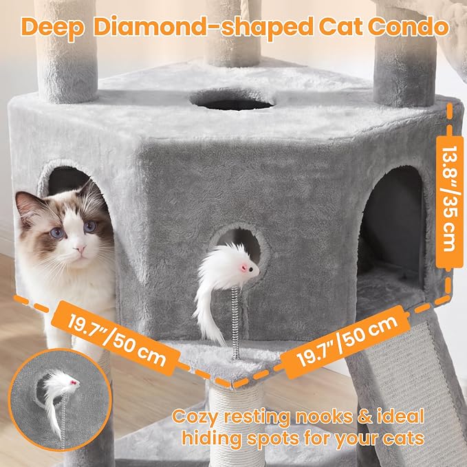 Cat Tree, 61 Inch Tall Cat Tower, Diamond-Shaped Cat Cave VCT001W | Cat Condo with Wide Top Perch & Basket, Sturdy Scratching Post, Interactive Toy for Large Indoor Cats, Light Gray - Image 2