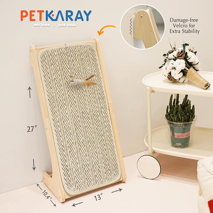 PETKARAY L Shape Cat Scratcher, Sisal Scratching Ramp, Chevron Scratching Pad for Indoor Cats, 27" Wall Furniture Protector with Mouse Toy - Image 7