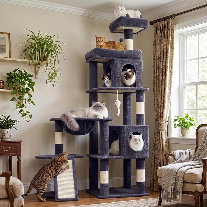 68 Inch Heavy Duty Cat Tree Tower for Indoor Cats Large Adult | Cat Tower with 2 Condos, Sisal Scratching Posts, Plush Platform & Hammock, Extra Stable Big Cat Furniture, Dark Grey by LIKISAK