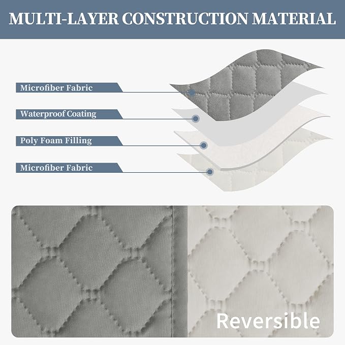 ISSUNTEX Double Protection 100% Waterproof Recliner Covers for Living Room, Reversible Furniture Protector Recliner Couch Sofa Slipcover for Dogs, Pets, Kids (Oversized Recliner, Light Gray/Ivory) - Image 4