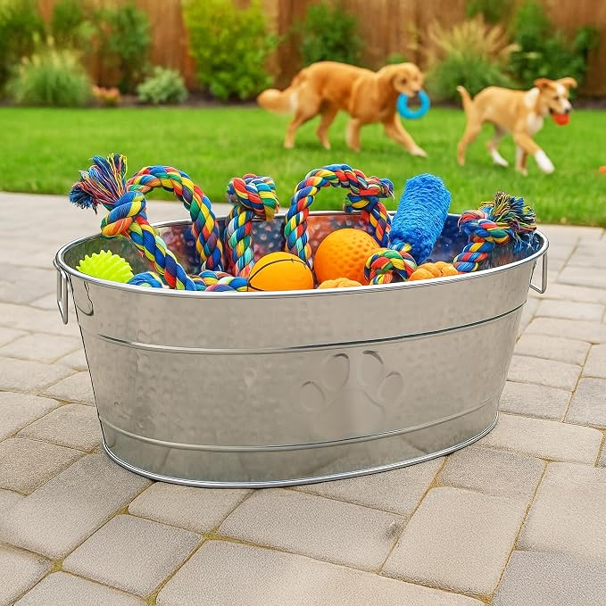 BREKX Stainless Steel Indestructible Dog Toy Bin - Pet Storage Bin with Handles, Large Organizer Storage Basket for Pet Toys, Blankets, Leashes - Pawprint Design Home Decor (Silver - 25 Quart) - Image 7